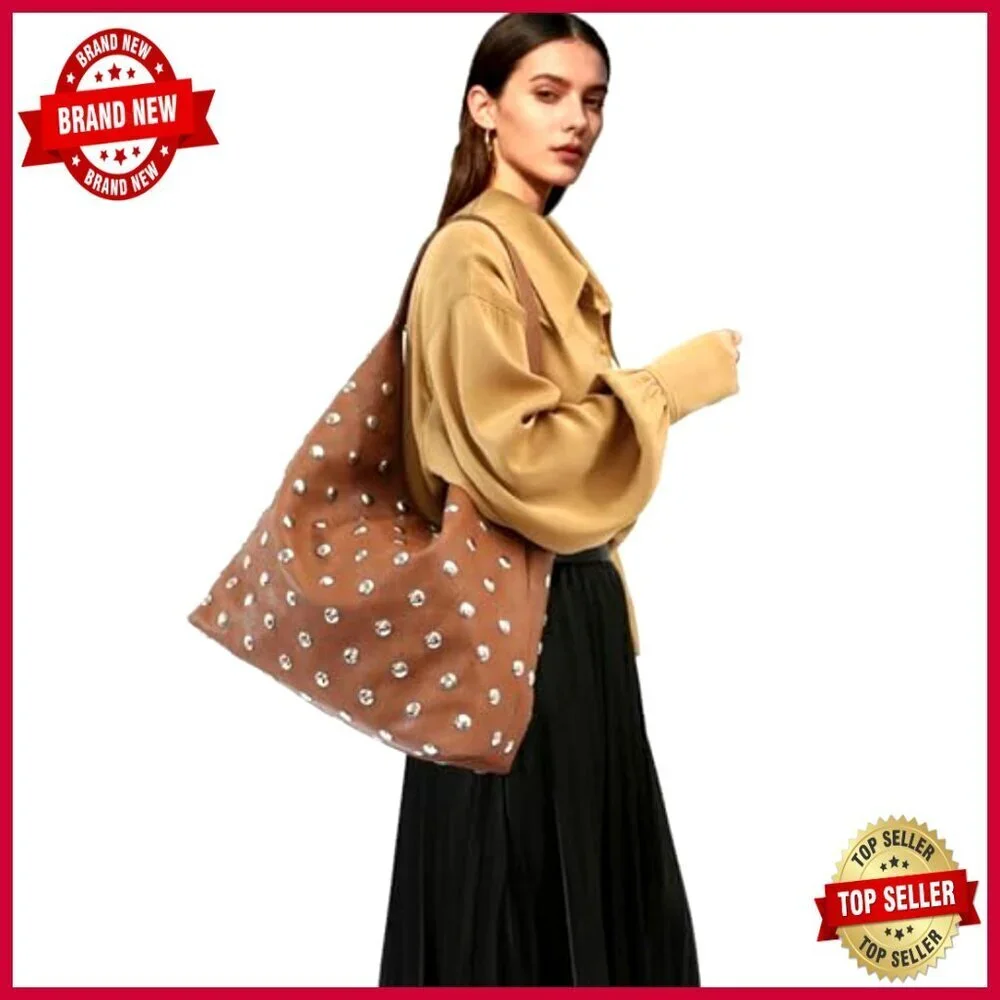 Large Vegan Leather Studded Hobo Bag with Shoulder Strap Tote Purse